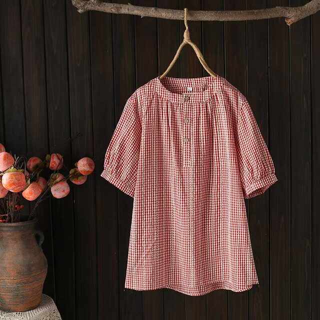 Large size women's summer new fashionable design pullover puff short-sleeved plaid plus-size shirt women's top