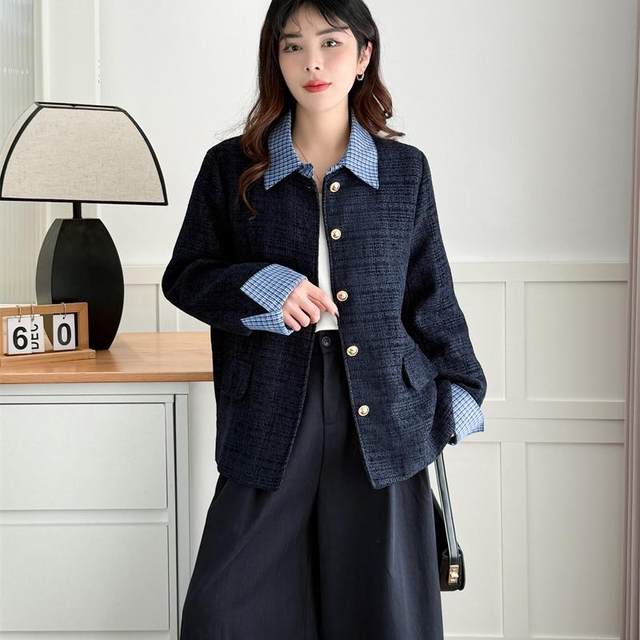 Large size women's plaid shirt collar spliced ​​small fragrance jacket spring and autumn new casual versatile jacket top