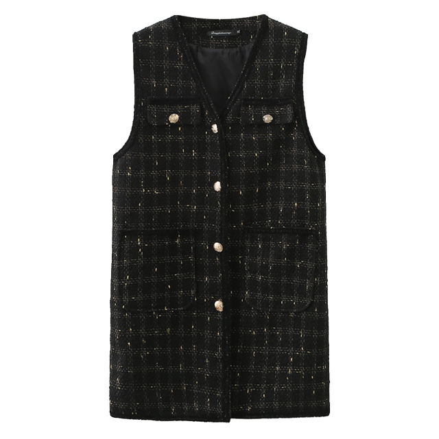 Spring and autumn new mid -length sleeveless suit horse clip large size fat MM small incense wind rough flower grid vest jacket