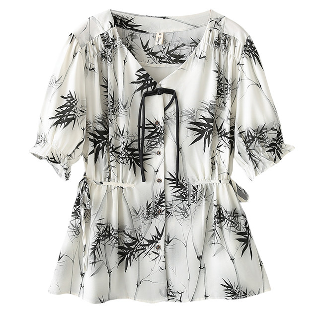 Ink printing waist-hugging strap buckle chiffon age-reducing shirt summer large size loose belly-covering short-sleeved versatile top