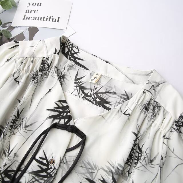 Ink printing waist-hugging strap buckle chiffon age-reducing shirt summer large size loose belly-covering short-sleeved versatile top