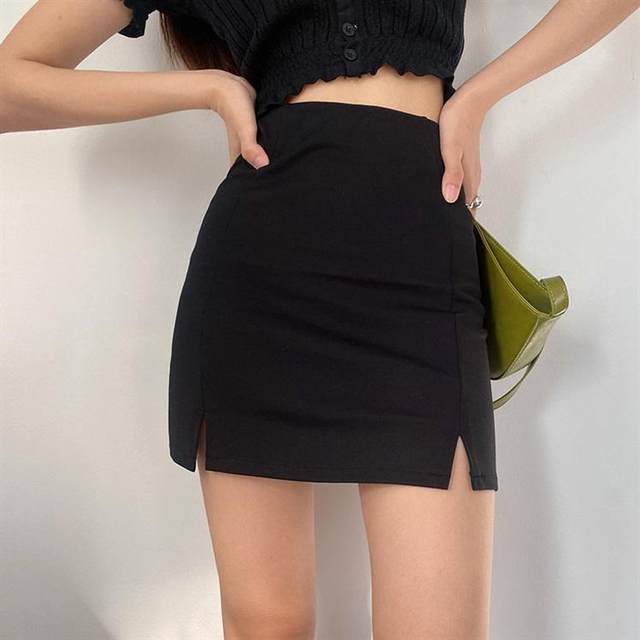 
Large size double slit black skirt 2025 summer fat mm slim high waist slim hip A-line skirt short skirt for women