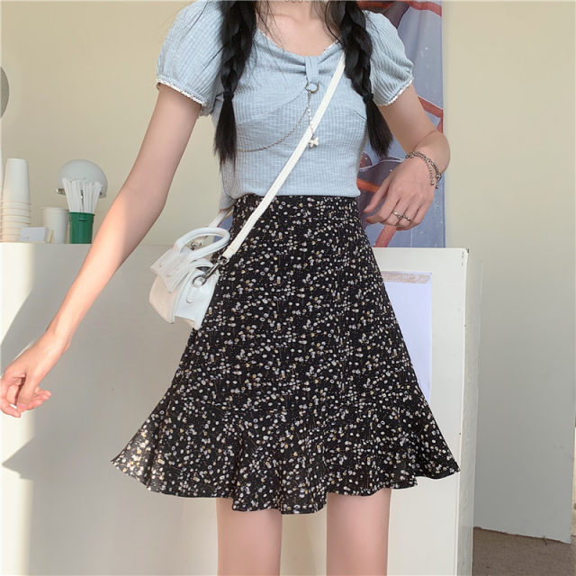 Floral skirt A-line skirt new summer small fresh large size women's elastic waist ruffle skirt anti-exposure skirt