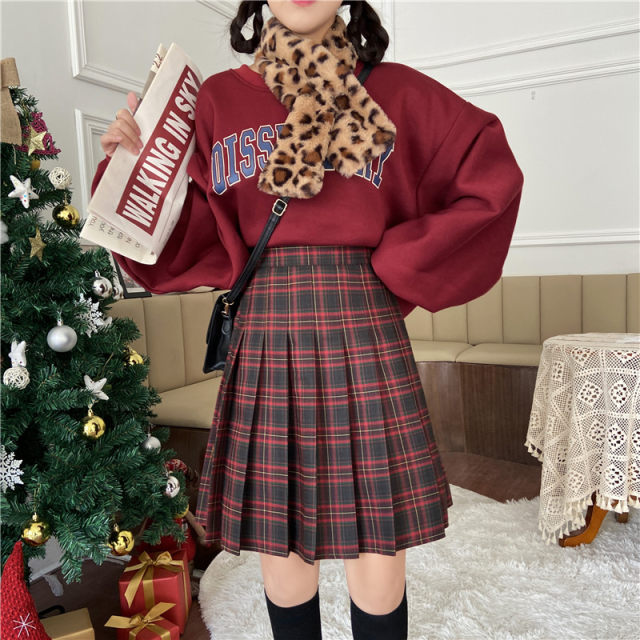 Large size loose waist checkered A -line skirt spring and autumn, fat mm high -waisted pleated middle skirt retro school style half bodies skirt
