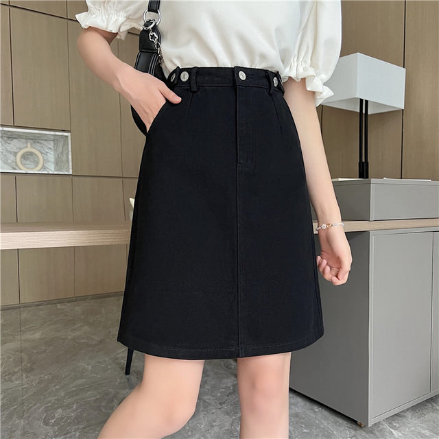 Large size black mid-skirt high-waist denim short skirt spring and autumn a-line skirt suitable for pear-shaped body slimming slit hip skirt