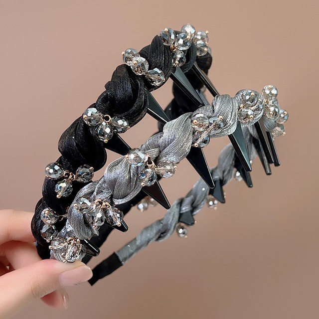 High cranium rhinestone headband for women retro black mesh high-end twist headband with toothed anti-slip hairpin for washing
