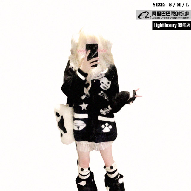 Navy neck Abipunk lazy Japanese black and white cute furry sailor neck sweater jacket