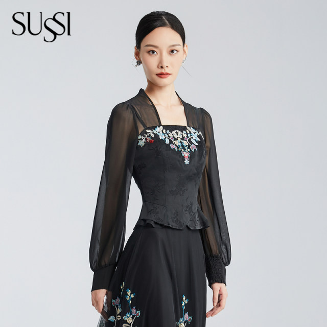 SUSSI/Anti-colored season new product mall same black embroidered palace waist-closing suspender (excluding bottom clothes)
