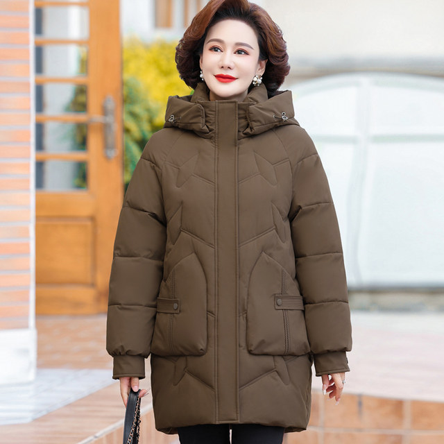 Middle-aged and elderly women's cotton-padded clothes, mother's wear, winter thickened cotton-padded clothes, mid-length, middle-aged women's fashionable cotton-padded jackets, large size jackets