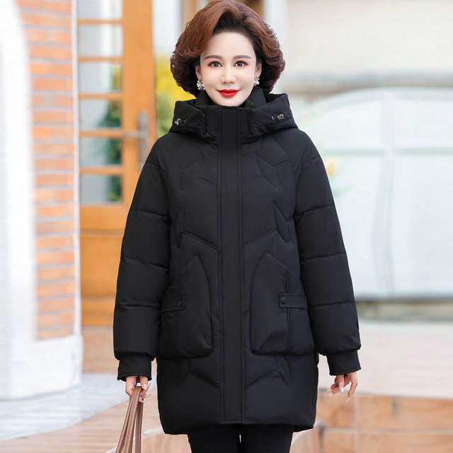 Middle-aged and elderly women's cotton-padded clothes, mother's wear, winter thickened cotton-padded clothes, mid-length, middle-aged women's fashionable cotton-padded jackets, large size jackets