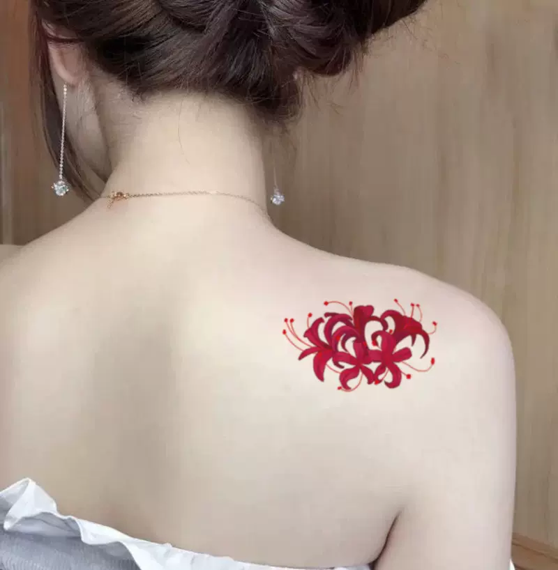 纹身贴魔狱彼岸花后背脊柱红色大图案肚皮腰腹防水女