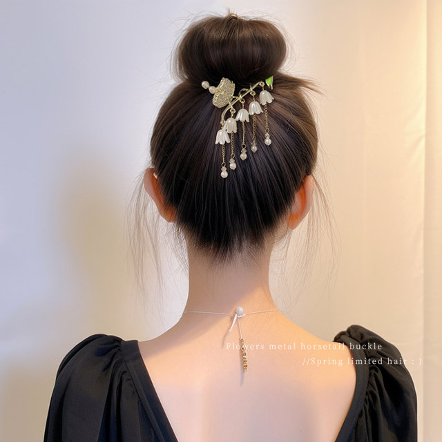 Ancient bell orchid tassel hairpin ball head fixed artifact grabber female high-end hair buckle half-tied hairpin