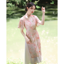 Aude cheongsam 2023 new summer Chinese-modified young girls high-end temperament dress pink chiffon