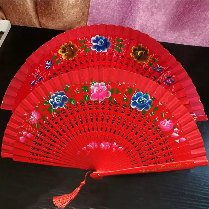 红色扇子双面西班牙舞蹈扇旗袍走秀表演折扇折叠扇古风舞扇广场舞 Taobao