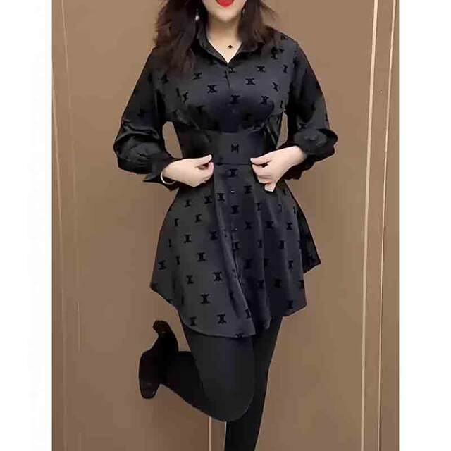 High-end black POLO collar printed shirt for women 2025 spring style waist-hugging and slimming mid-length casual and fashionable shirt