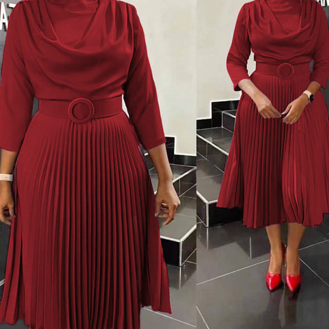 2023 European and American foreign trade women's new mid -length skirt African large size OL commute solid color dress
