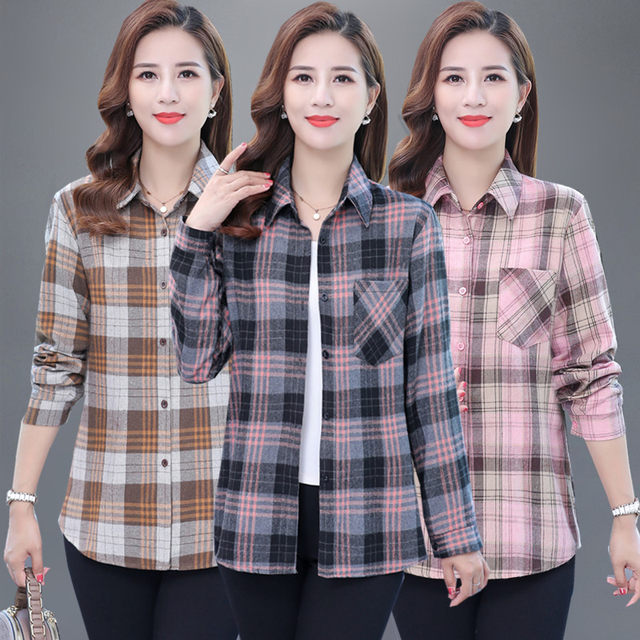 Spring and autumn new middle -aged and elderly women's large size grid shirt middle -aged people foreign lapel coat mothers pure cotton shirt