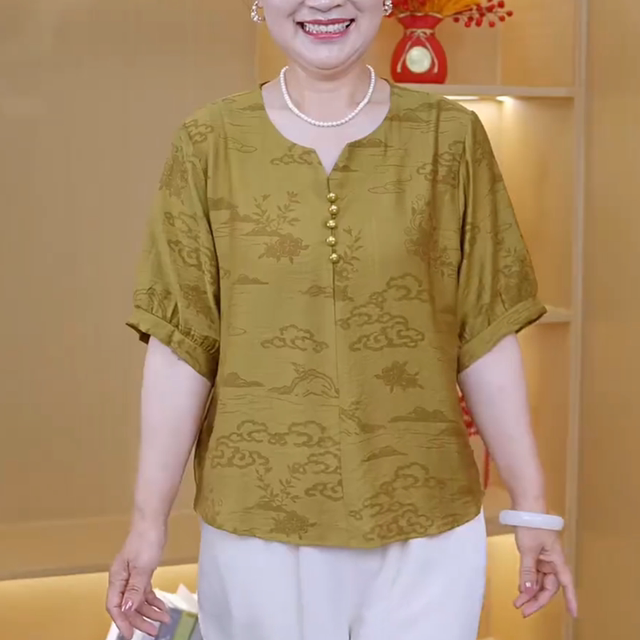 2025 new style tin silk cotton linen set middle-aged and elderly women's clothing new Chinese two-piece set mother summer short-sleeved top