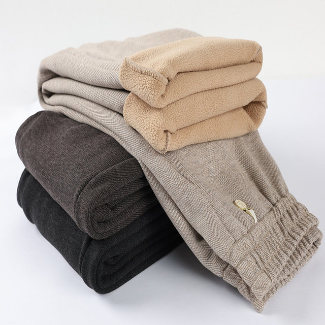 2025 autumn and winter new mother plus velvet straight-leg pants middle-aged and elderly people fashionable elastic high-waist cashmere woolen trousers