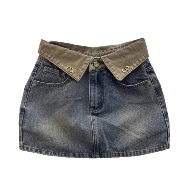 Retro fashionable high-waist design flanged contrasting denim skirt slimming versatile hot girl A-line hip skirt