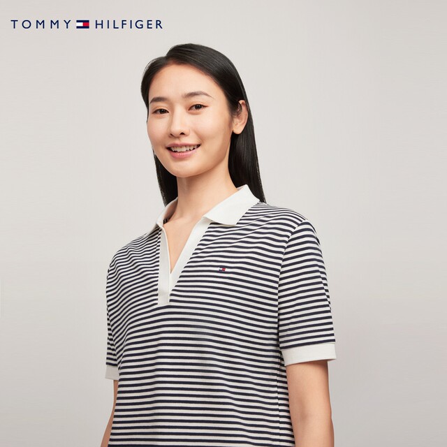 Tommy Summer Women's Laisel Micro-Stretch Casual Commuter Stripes Solid Color V Neck Loose Short Sleeve T-Shirt POLO41286