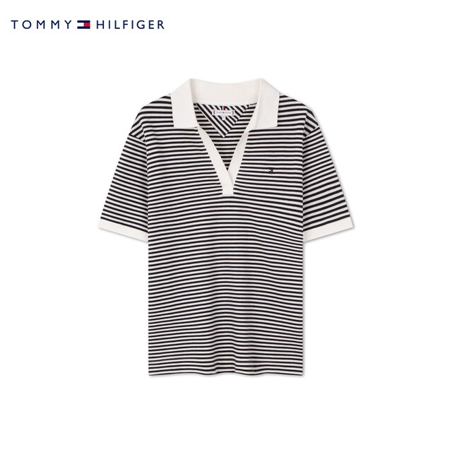Tommy Summer Women's Laisel Micro-Stretch Casual Commuter Stripes Solid Color V Neck Loose Short Sleeve T-Shirt POLO41286
