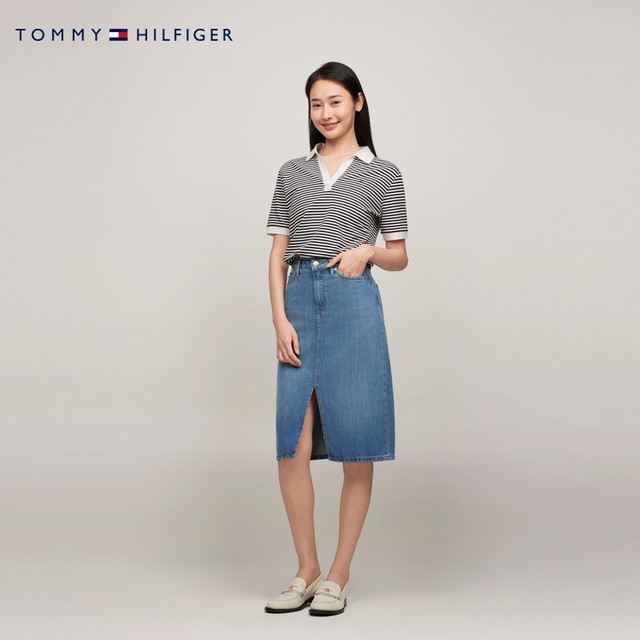 Tommy Summer Women's Laisel Micro-Stretch Casual Commuter Stripes Solid Color V Neck Loose Short Sleeve T-Shirt POLO41286