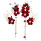 Ancient style red velvet lace clip full set of hairpin pearl tassel simple and versatile festive flowers Hanfu bridal headdress