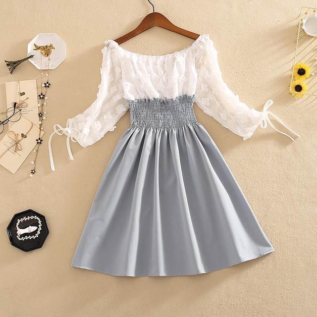 Spot 2025 summer outfit new internet celebrity skirt with waist slim and sweet one-shoulder round neck and two-shoulder off-shoulder a