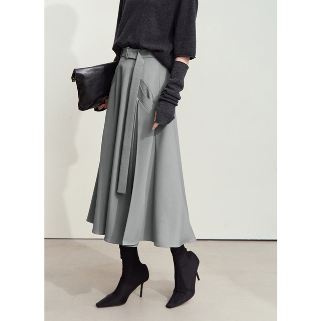 Amii2024 winter new style commuting elegant belted non-iron anti-wrinkle skirt women's loose A-line skirt long skirt