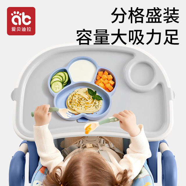 Baby meal plate, suction cup, grid plate, baby silicone straw, food bowl, eating training spoon, children's tableware set
