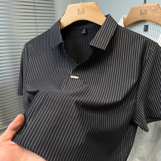 Vertical striped ice silk short-sleeved T-shirt men's 2025 new business casual summer wear middle-aged polo shirt men's shirt collar V