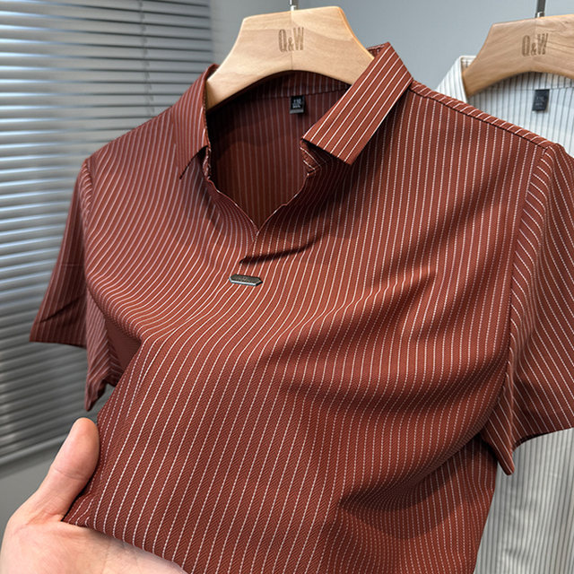 Vertical striped ice silk short-sleeved T-shirt men's 2025 new business casual summer wear middle-aged polo shirt men's shirt collar V