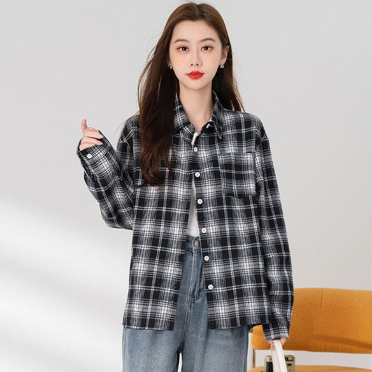 Baleno plaid lapel jacket spring loose and comfortable design niche casual versatile long-sleeved shirt for women J