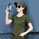 Camouflage T-shirt women's striped short-sleeved black sailor dance costume military green stretch cotton large size workwear round neck top