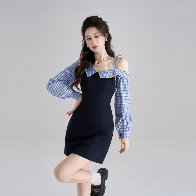 High-end spliced ​​plaid shirt off-shoulder dress for women in spring waist-hugging temperament French A-line blue short skirt