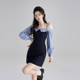 High-end spliced ​​plaid shirt off-shoulder dress for women in spring waist-hugging temperament French A-line blue short skirt