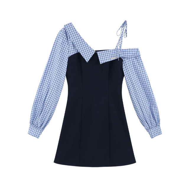 High-end spliced ​​plaid shirt off-shoulder dress for women in spring waist-hugging temperament French A-line blue short skirt