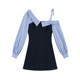 High-end spliced ​​plaid shirt off-shoulder dress for women in spring waist-hugging temperament French A-line blue short skirt