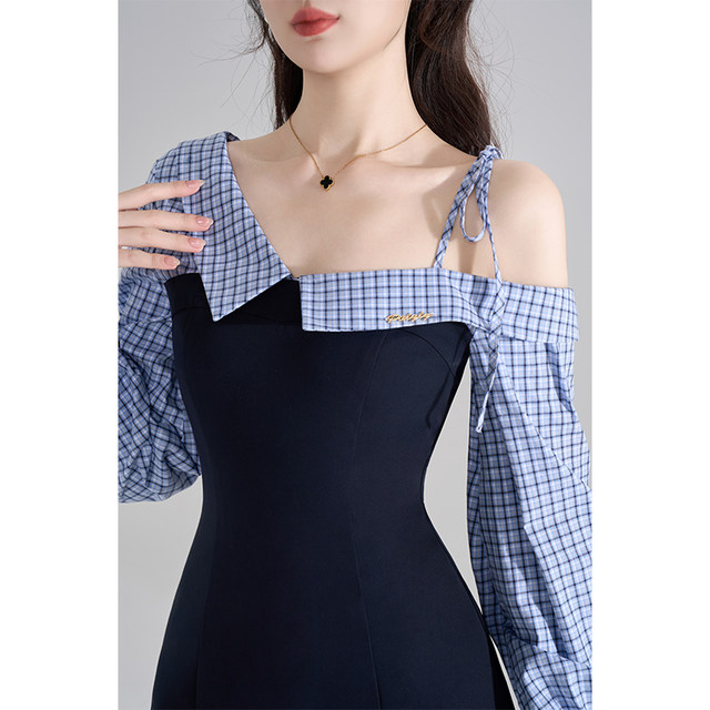 High-end spliced ​​plaid shirt off-shoulder dress for women in spring waist-hugging temperament French A-line blue short skirt