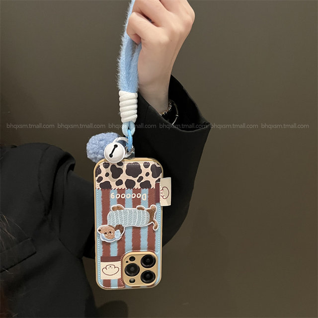 Blue brown leather pattern dachshund suitable for Apple 16promax mobile phone case iPhone17pro cute 15promax autumn and winter high-end 13pro cartoon 14pro protective cover 12pro female anti-fall