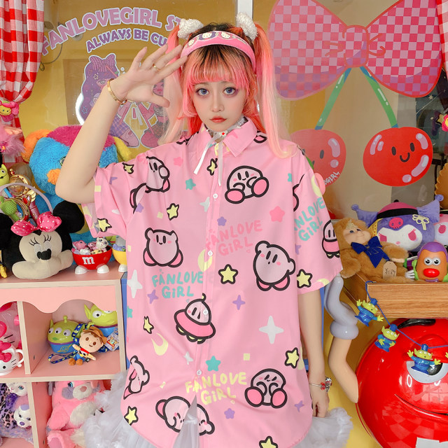 Exclusive original rice family cute Japanese original long -sleeved long -sleeved pink cartoon sweet soft girl shirt