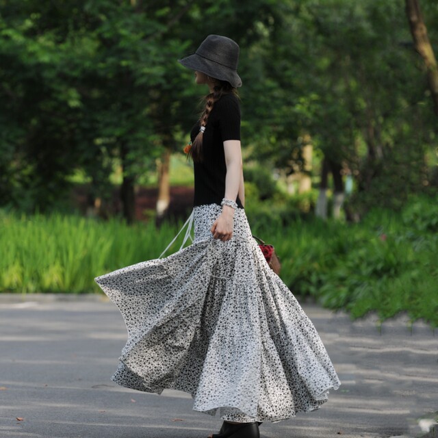 Suxin's new homemade floral long skirt A-line tie spring and summer cotton oversized dancing skirt