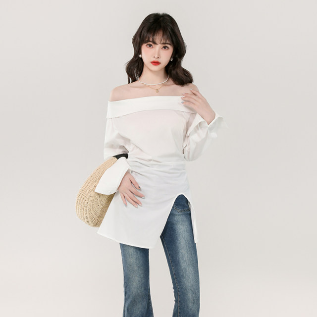 2025 summer Korean version of one-length neck temperament versatile white shirt waist-length slit design long-sleeved shirt top