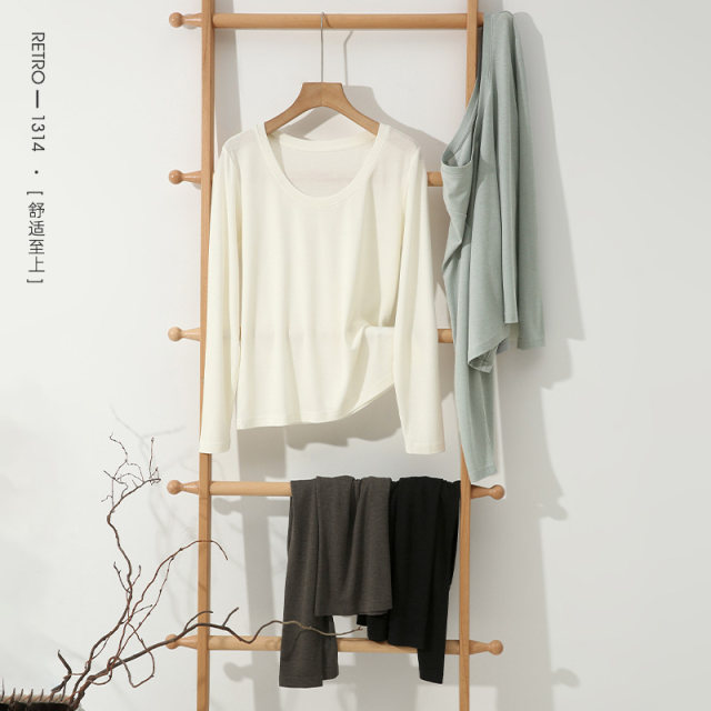 Many pieces of high -end mulberry silk+acetic acid are simple, skinny, skin -friendly big round neck bloggers long -sleeved female T -shirt