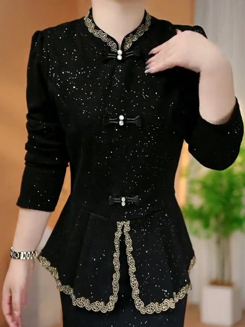 Autumn women's new Chinese style double button shiny shiny top for Autumn women's clothing without velvet
