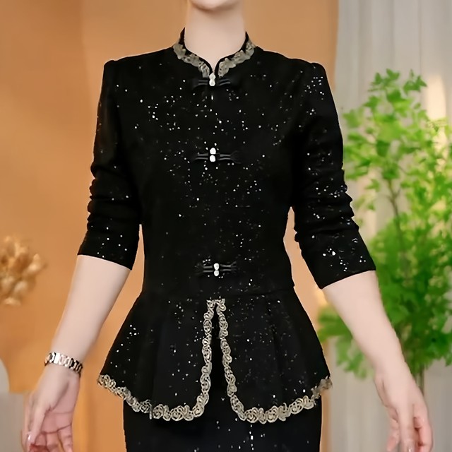 Autumn women's new Chinese style double button shiny shiny top for Autumn women's clothing without velvet
