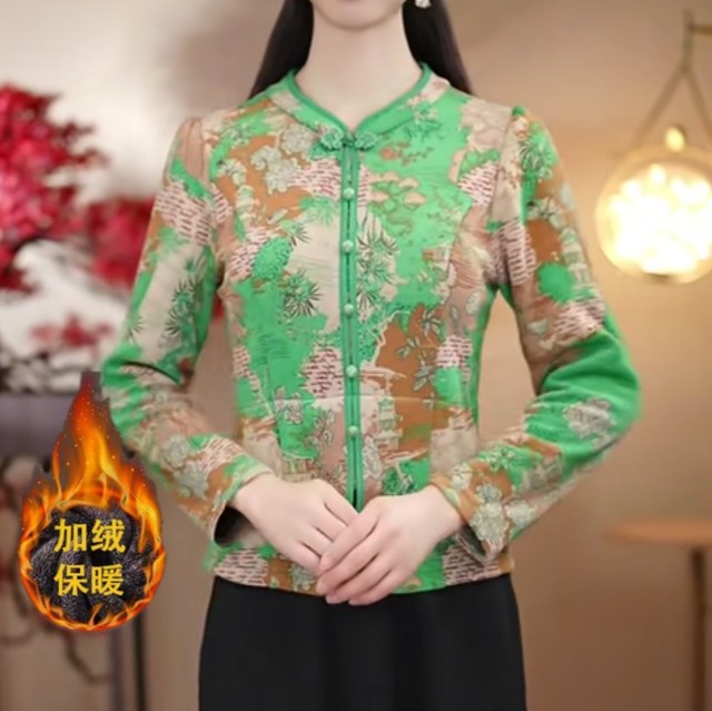 
High-end temperament printed autumn and winter new fashion retro long-sleeved shirt plus velvet thickening warm and western style improved top