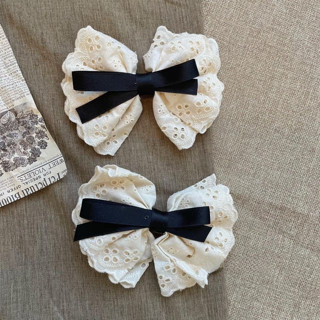 Forest pastoral style retro cotton and linen hollow lace bow hairpin ...