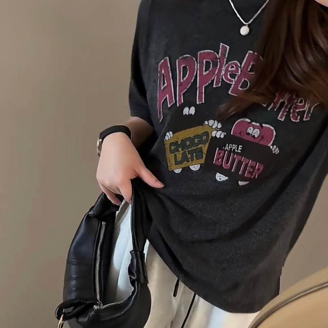 Large size women's clothing 2025 summer new fat MM casual versatile loose printed round neck front shoulder short-sleeved T-shirt top